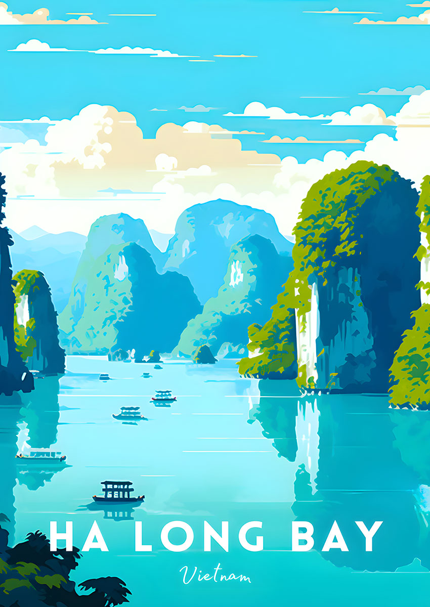 Artistic representation of the vibrant landscape of Ha Long Bay with boats on tranquil waters.